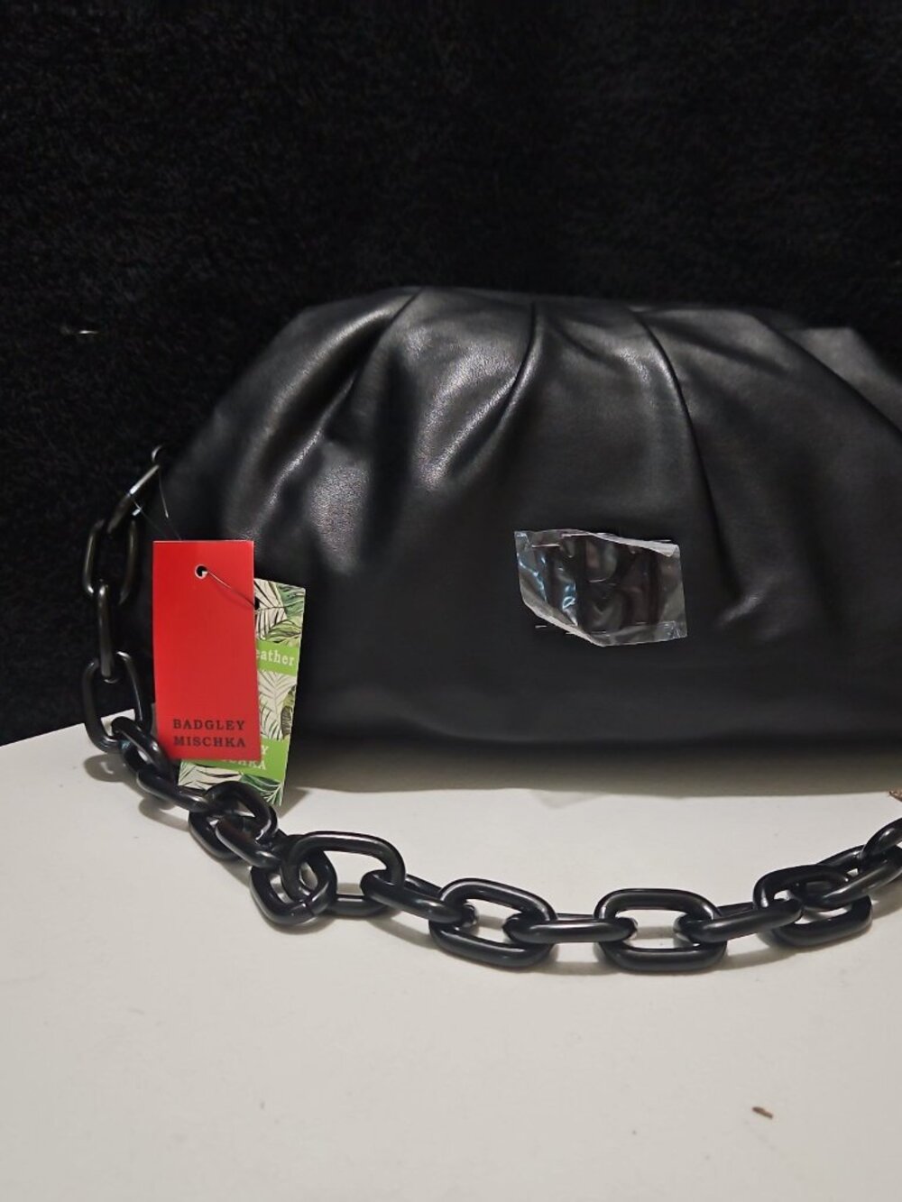 Badgley Mischka Black Ruched Frame Clutch with Chain Strap NWT